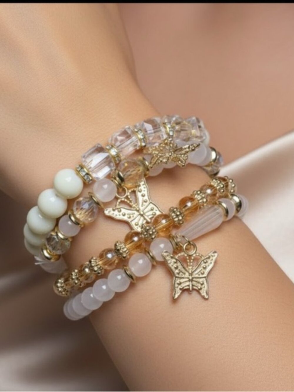 Gold and Cream Butterfly Charm Bracelet Set (1)